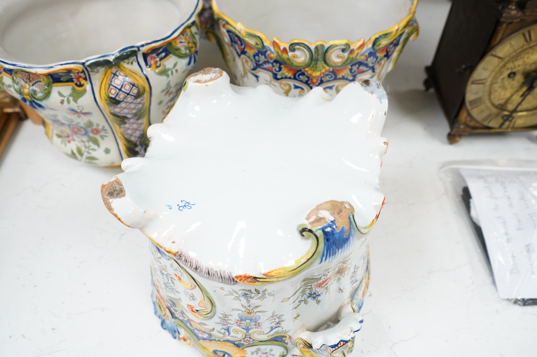 Four various late 19th century French faience planters and jardinières, largest 32cm in diameter